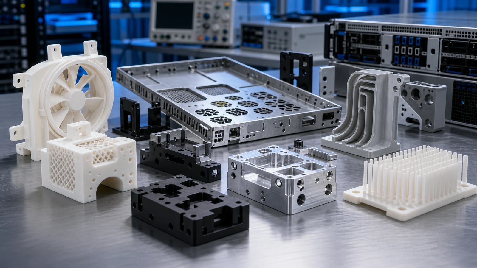 Sharp 3D printed validation models, CNC sample parts and prototype server hardware fixtures.