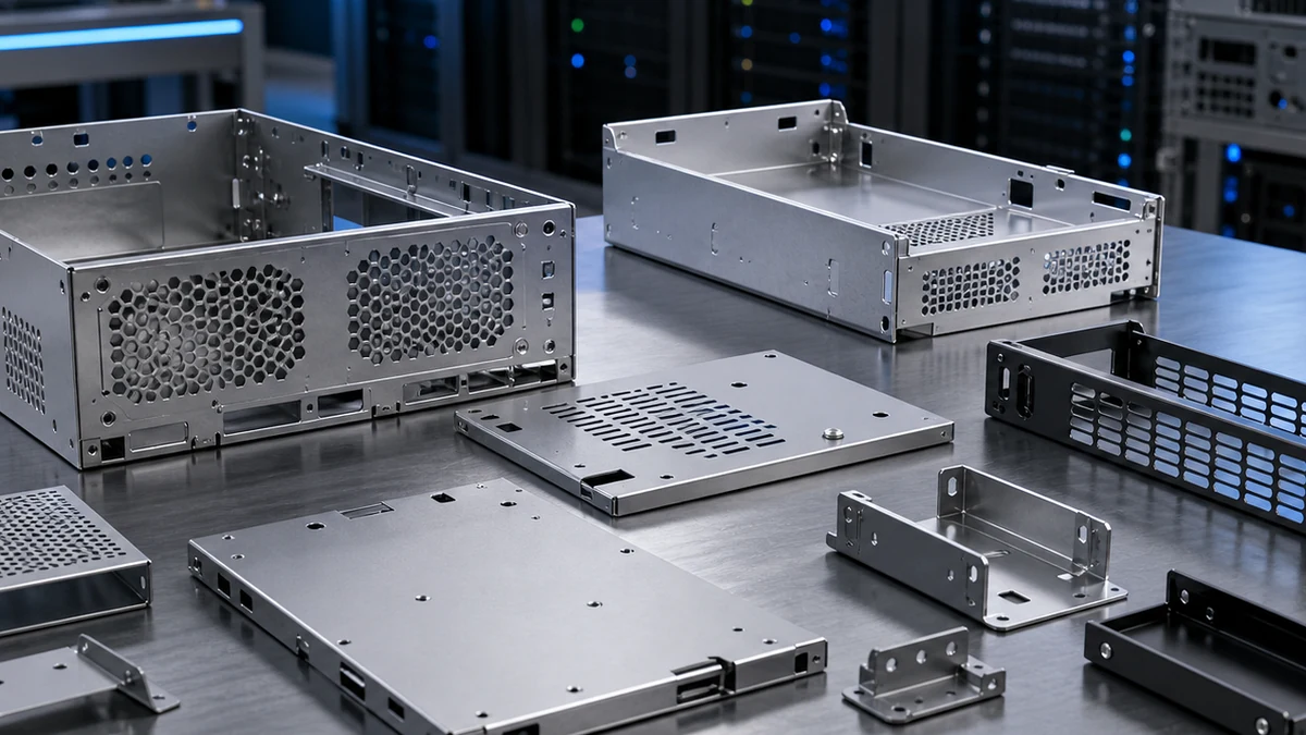 Close-up of sheet metal airflow cutouts, mounting tabs and folded server chassis panels.
