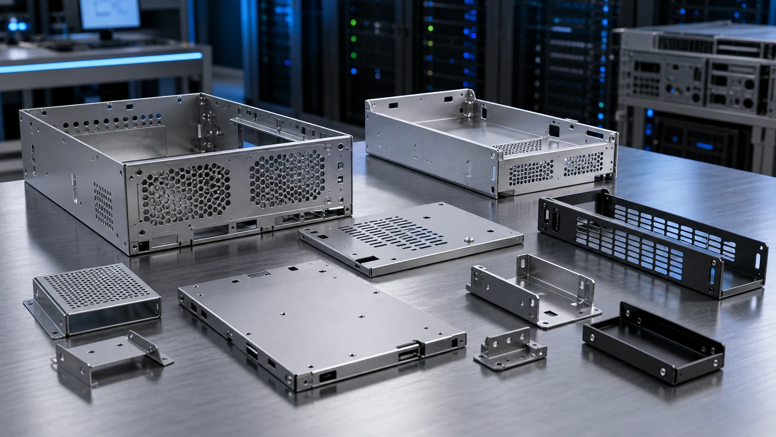 Sharp sheet metal server trays, chassis panels, airflow cutouts and brackets for AI server hardware.