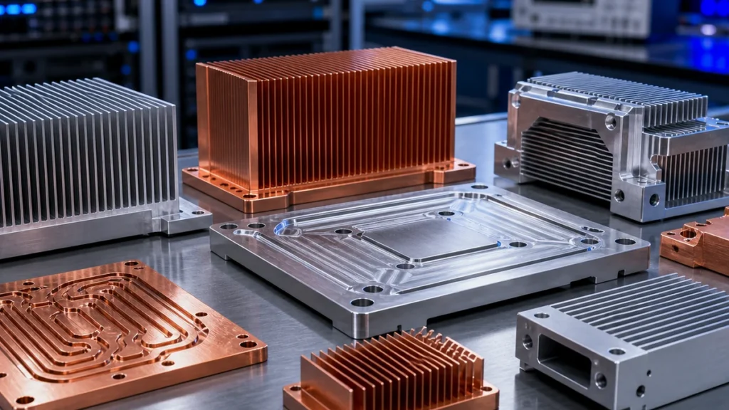 Close-up of machined thermal plate surfaces, heat sink fins and copper heat spreader details.