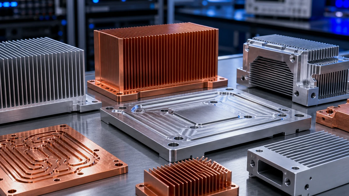 Close-up of machined thermal plate surfaces, heat sink fins and copper heat spreader details.