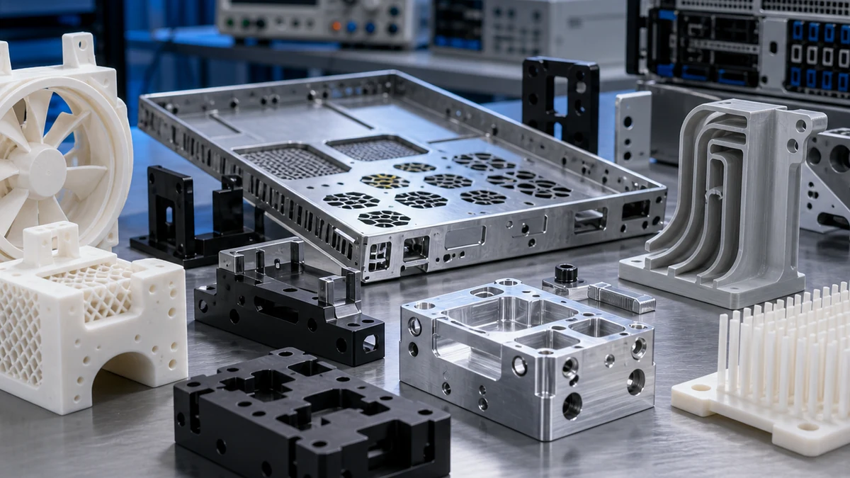 Close-up of prototype validation fixtures, machined sample brackets and 3D printed server hardware models.