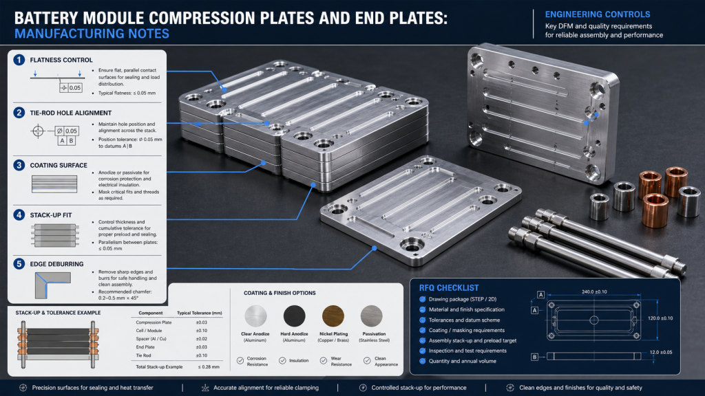 Infographic showing metal battery compression plates with labeled manufacturing steps and an arrangement of machined plates and bolts on a dark work surface