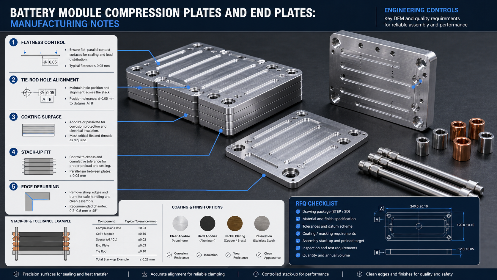 CNC machined battery module compression plates and end plates with DFM callouts for flatness and tie-rod hole alignment.