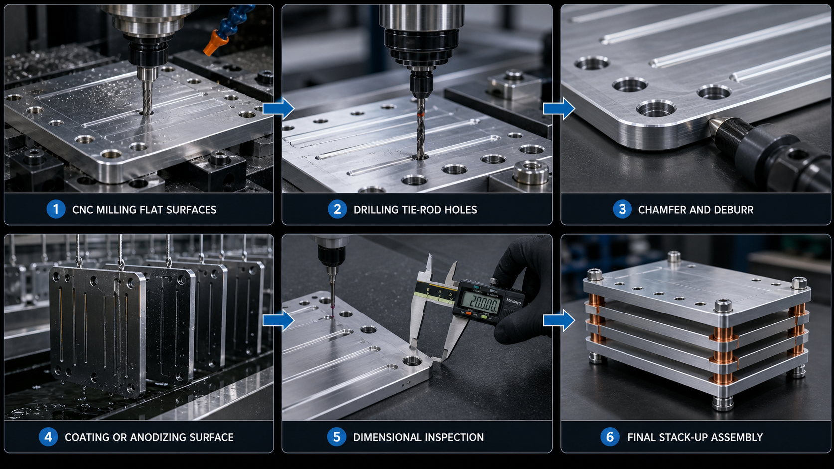 Manufacturing workflow for battery module compression plates showing CNC milling, drilling, deburring, coating, inspection and stack-up assembly.
