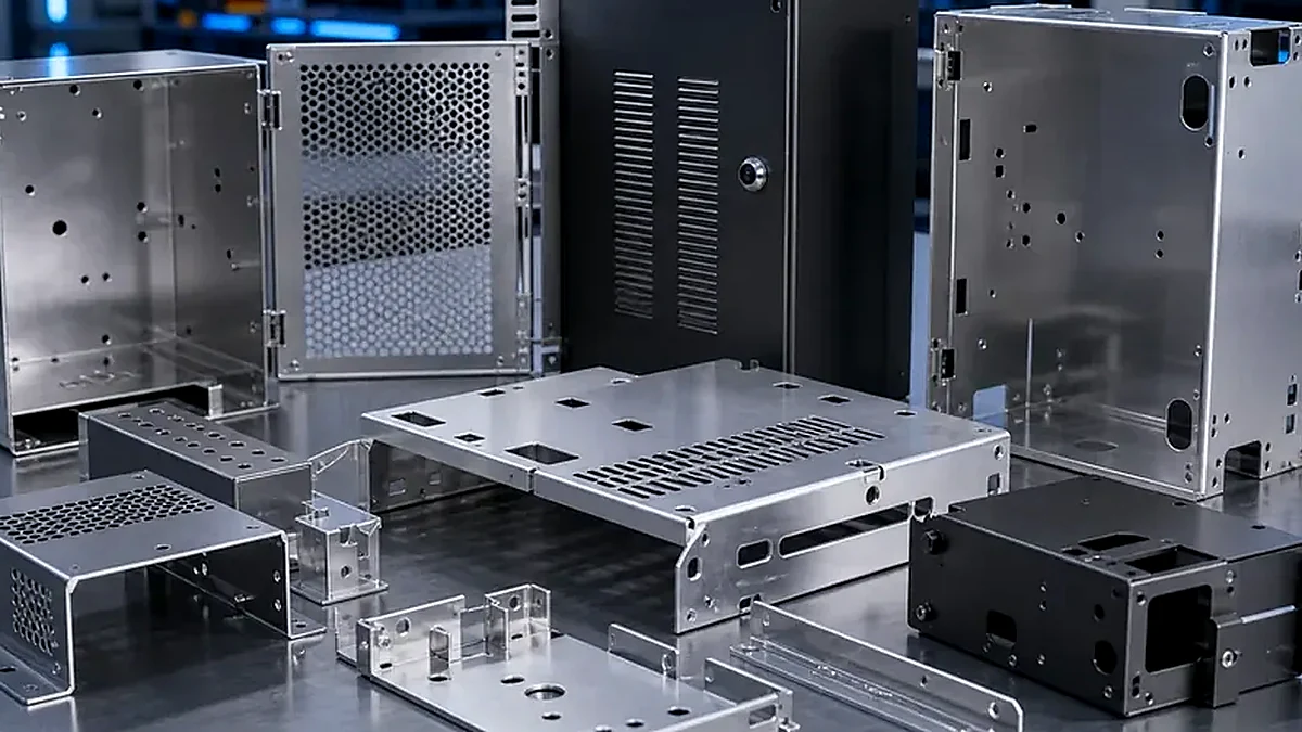 Close-up of bent sheet metal tray features, mounting holes and formed cabinet panels.