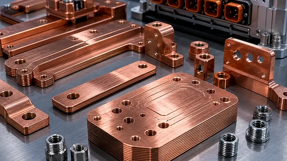 Close-up of conductive contact surfaces, machined holes and copper aluminum energy storage parts.