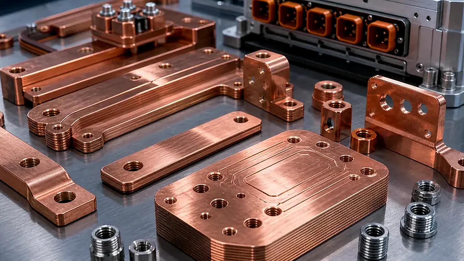 Copper and aluminum busbar support hardware and conductive interface parts for energy storage equipment.