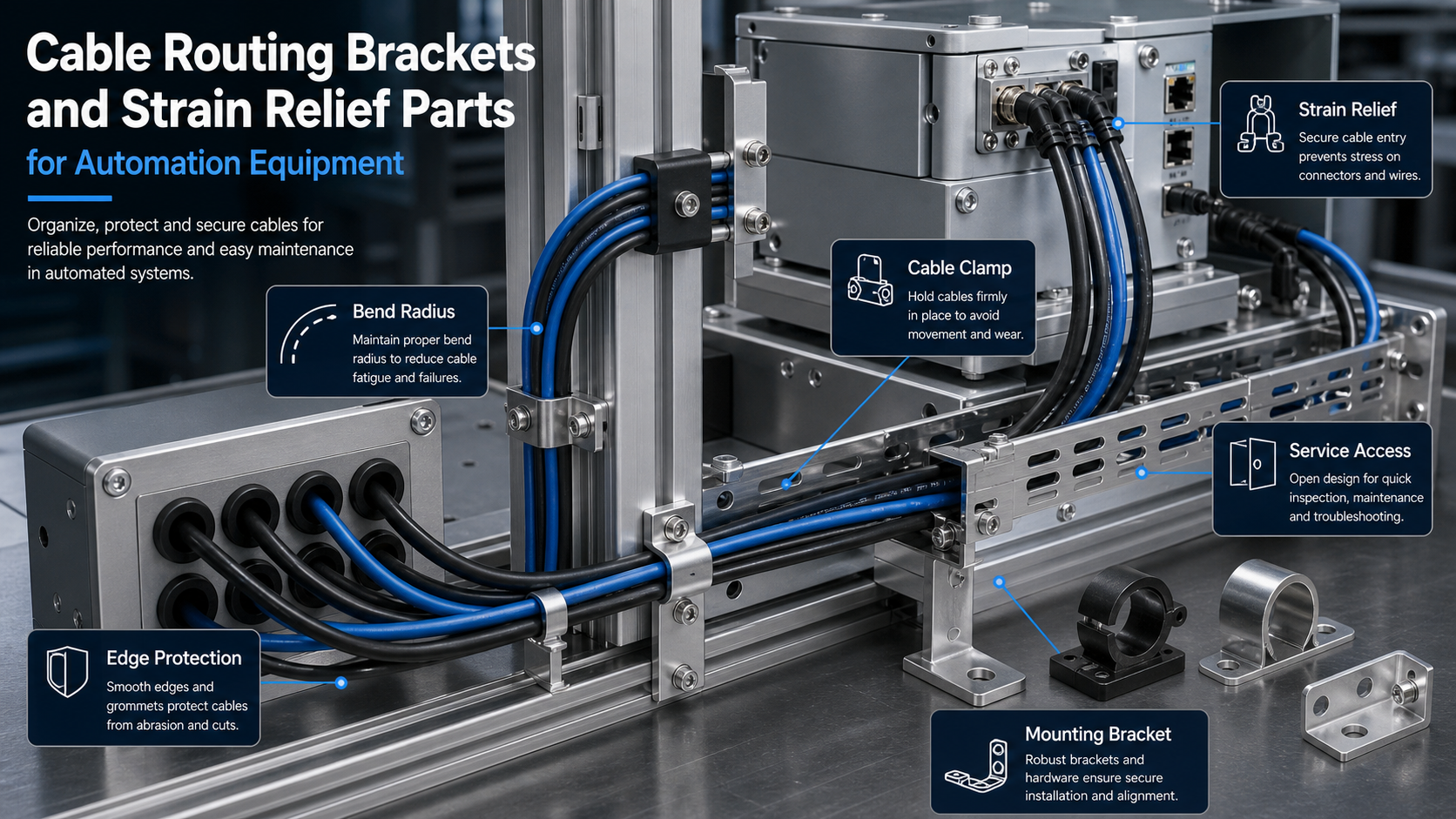 Automation equipment with cable routing brackets, strain relief clamps, grommet plates and bend radius callouts.