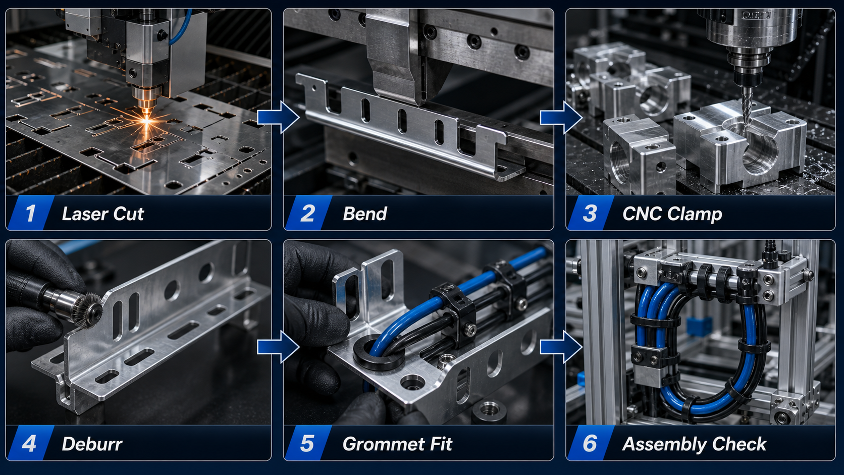 Workflow showing laser cutting, bending, CNC clamp machining, deburring, grommet fitting and assembly check for cable routing brackets.
