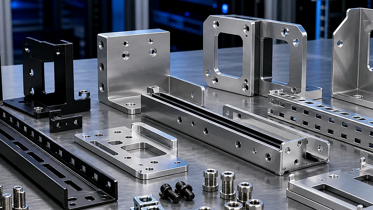 Close-up of machined holes, pocket features and aluminum module housing surfaces.