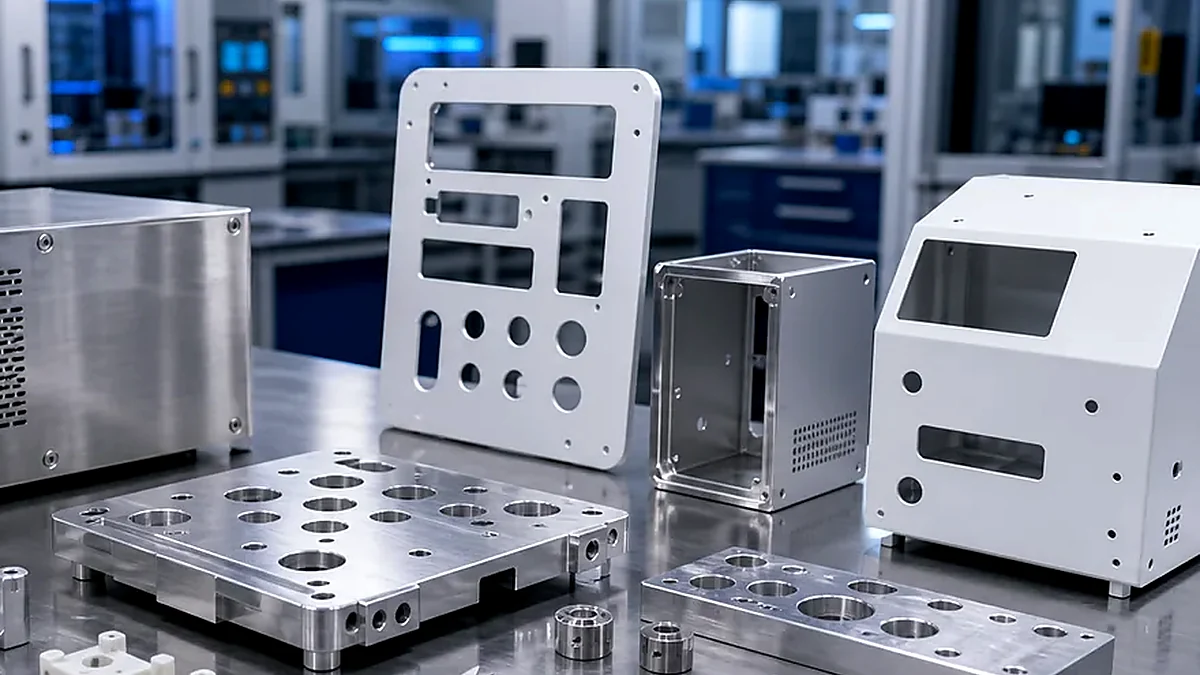 Close-up of precision fixture blocks and alignment features for lab instrument hardware.