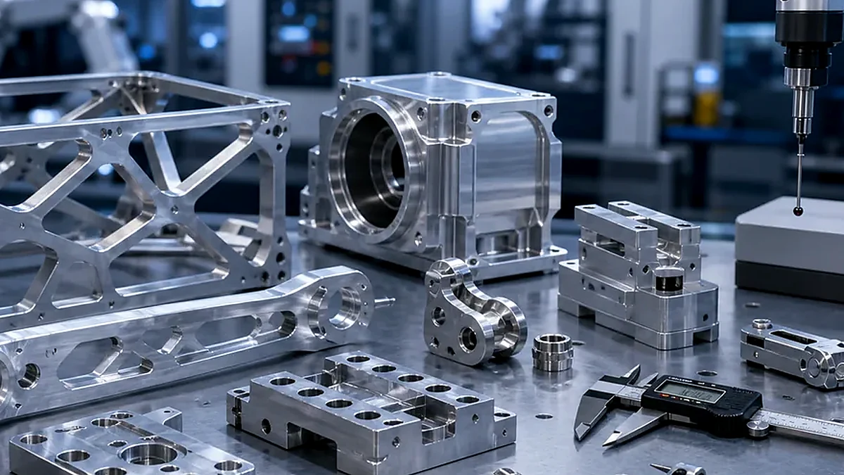 Close-up of aerospace sensor housing surfaces, connector openings and machined edges.