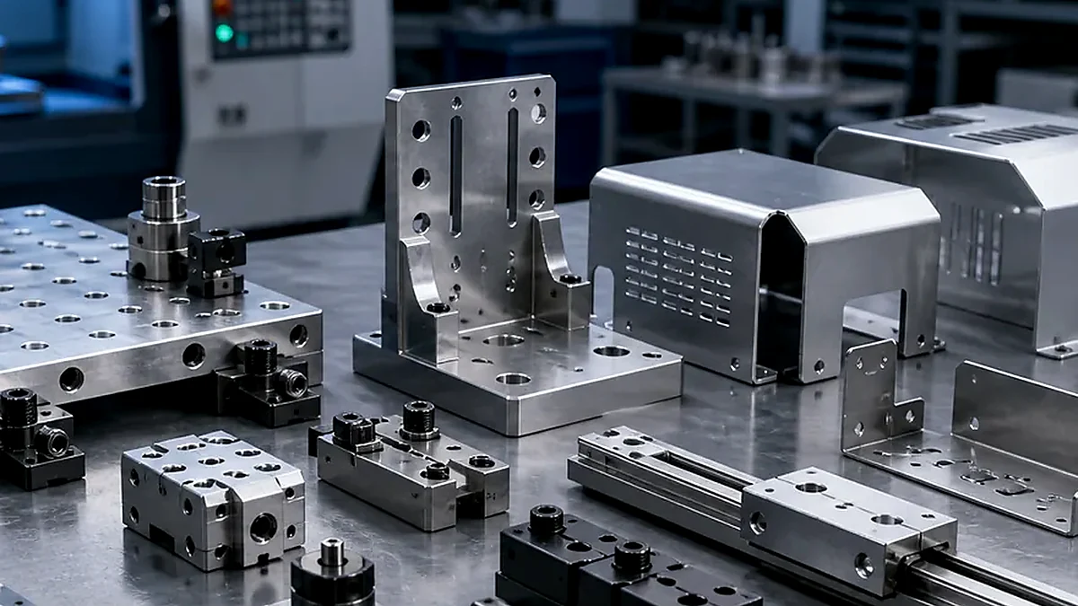 Close-up of machined adapter block surfaces, mounting holes and durable equipment hardware.