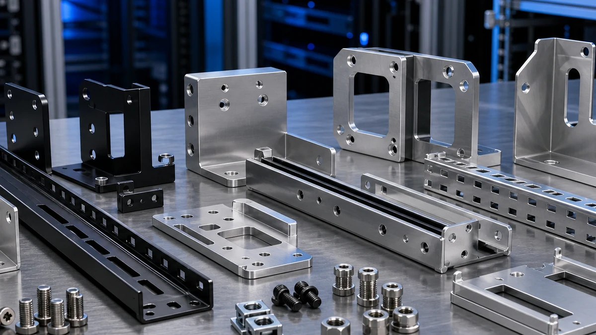Close-up of data center bracket rails, mounting holes and machined fastening hardware.