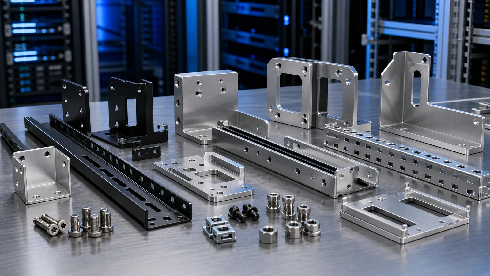Sharp precision brackets, rails and mounting plates for data center equipment assemblies.