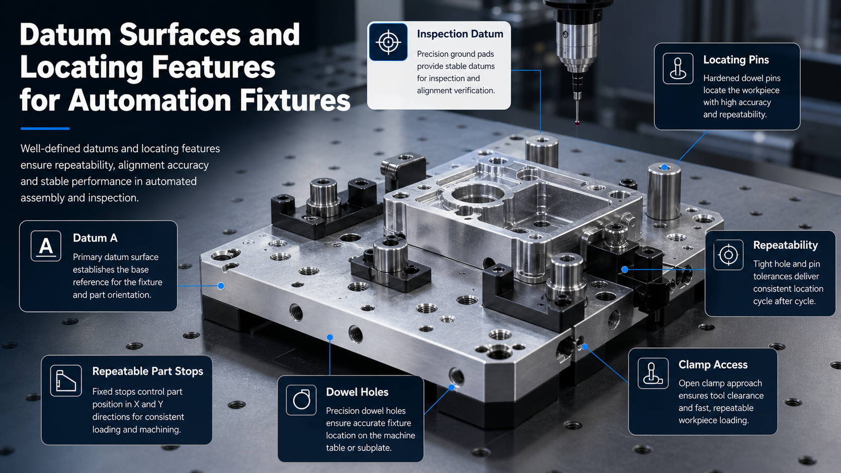 Precision automation fixture with datum pads, locating pins, dowel holes, clamps and inspection callouts.