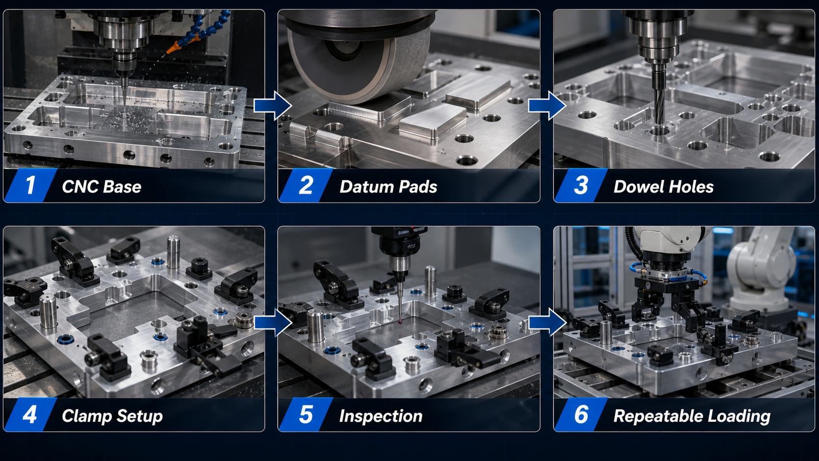 Six step manufacturing workflow for automation fixtures showing CNC base machining, datum pads, dowel holes, clamp setup, inspection and repeatable loading.