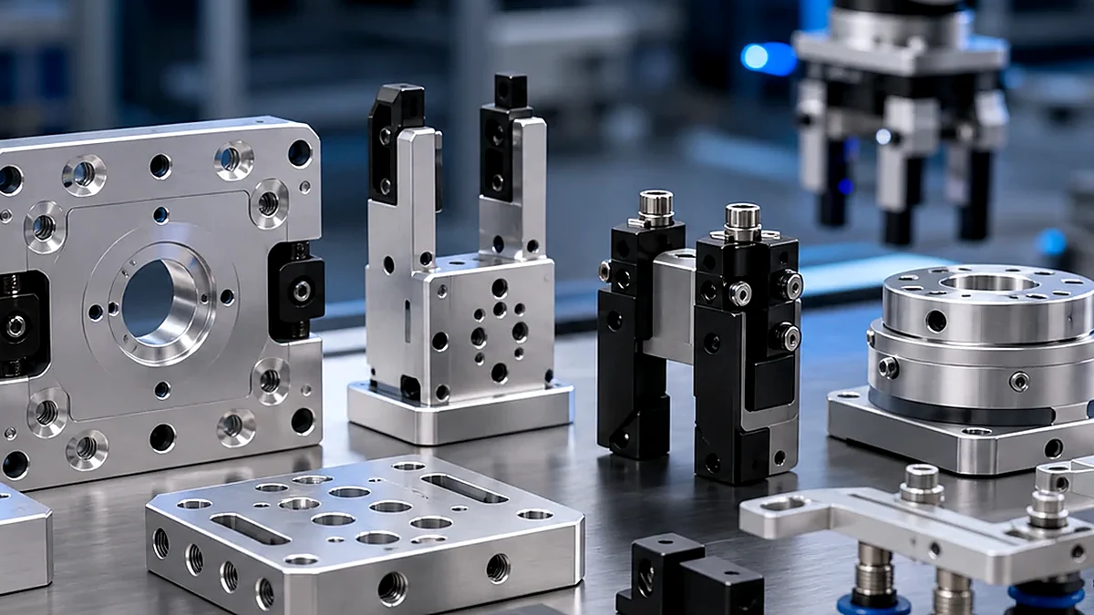 Close-up of an end-of-arm tooling adapter plate with gripper mounting features.