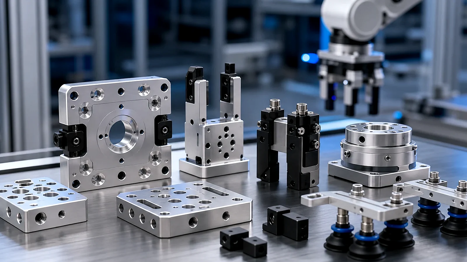 Robotic end-effector adapter plates and gripper tooling components made by CNC machining and 3D printing.