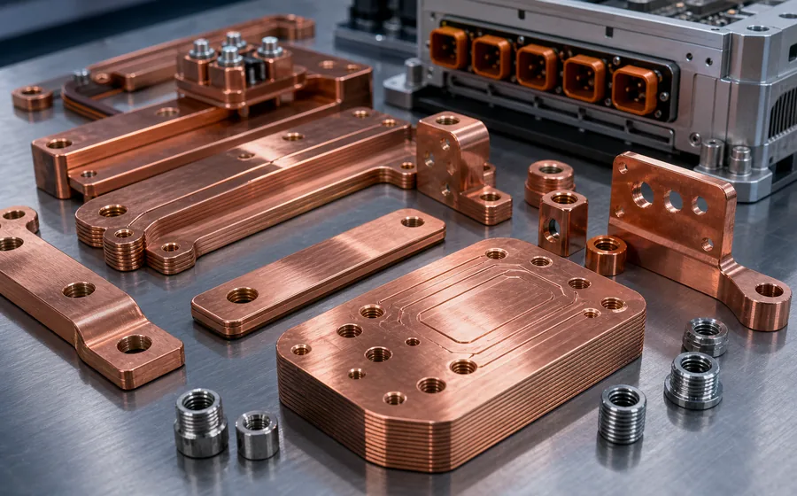 Copper and aluminum conductive support parts for energy storage and power electronics systems.