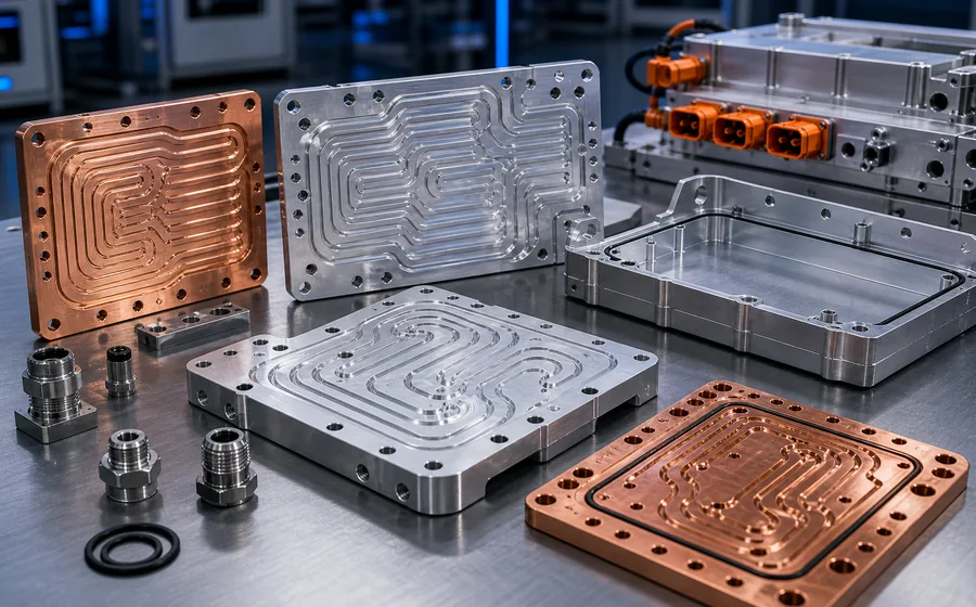 CNC machined liquid cooling plates for energy storage and power electronics modules.