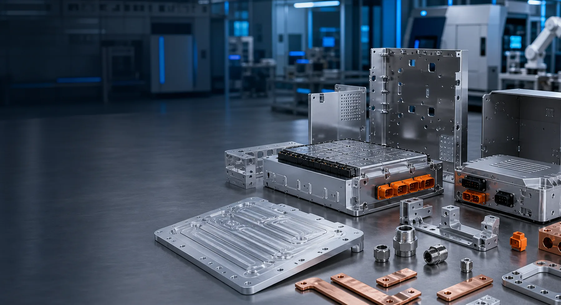 Energy storage and power electronics components including battery trays, cooling plates, copper busbars and enclosures.