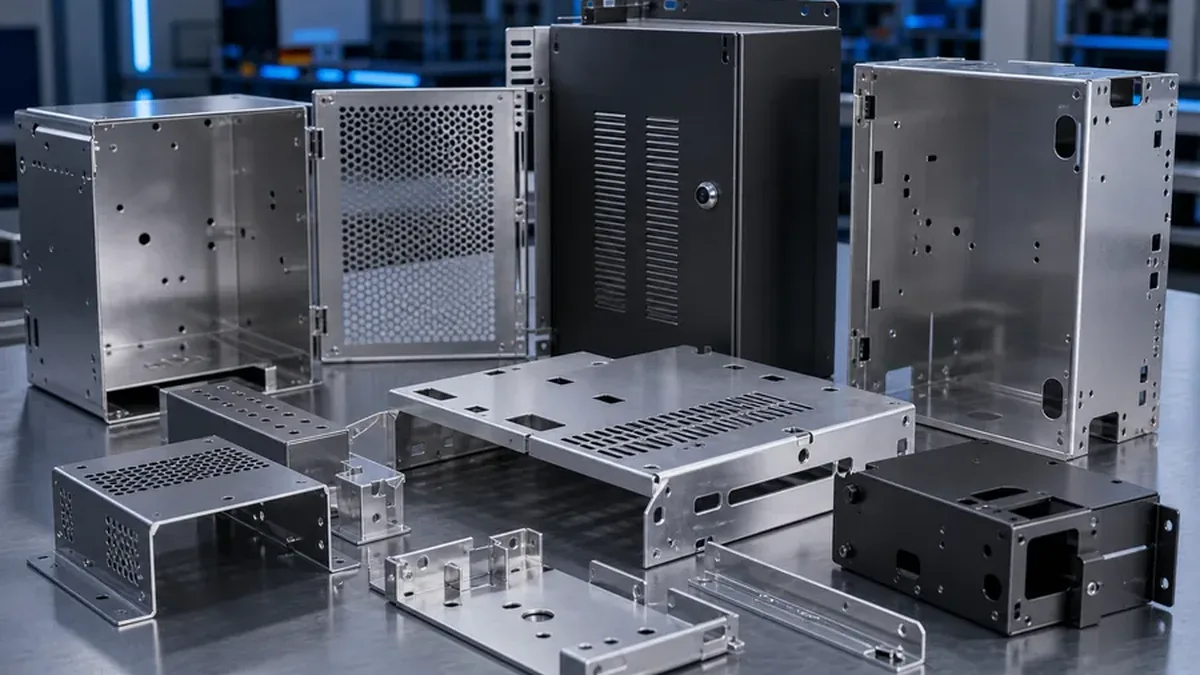 Close-up of bent sheet metal panels, mounting holes and protective covers for energy storage equipment.