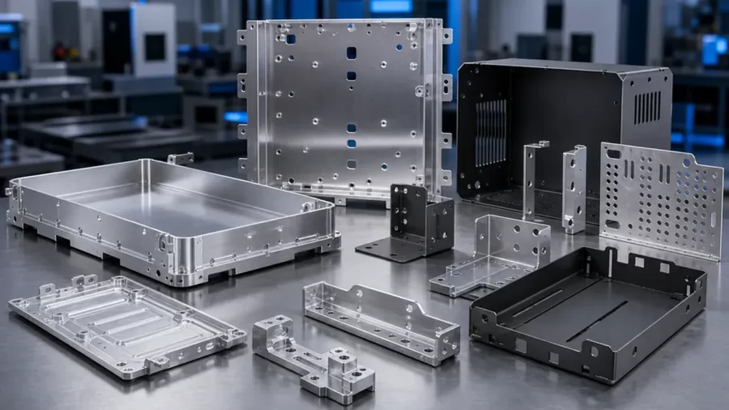 Precision CNC machined brackets and mounting plates for battery and power electronics assemblies.