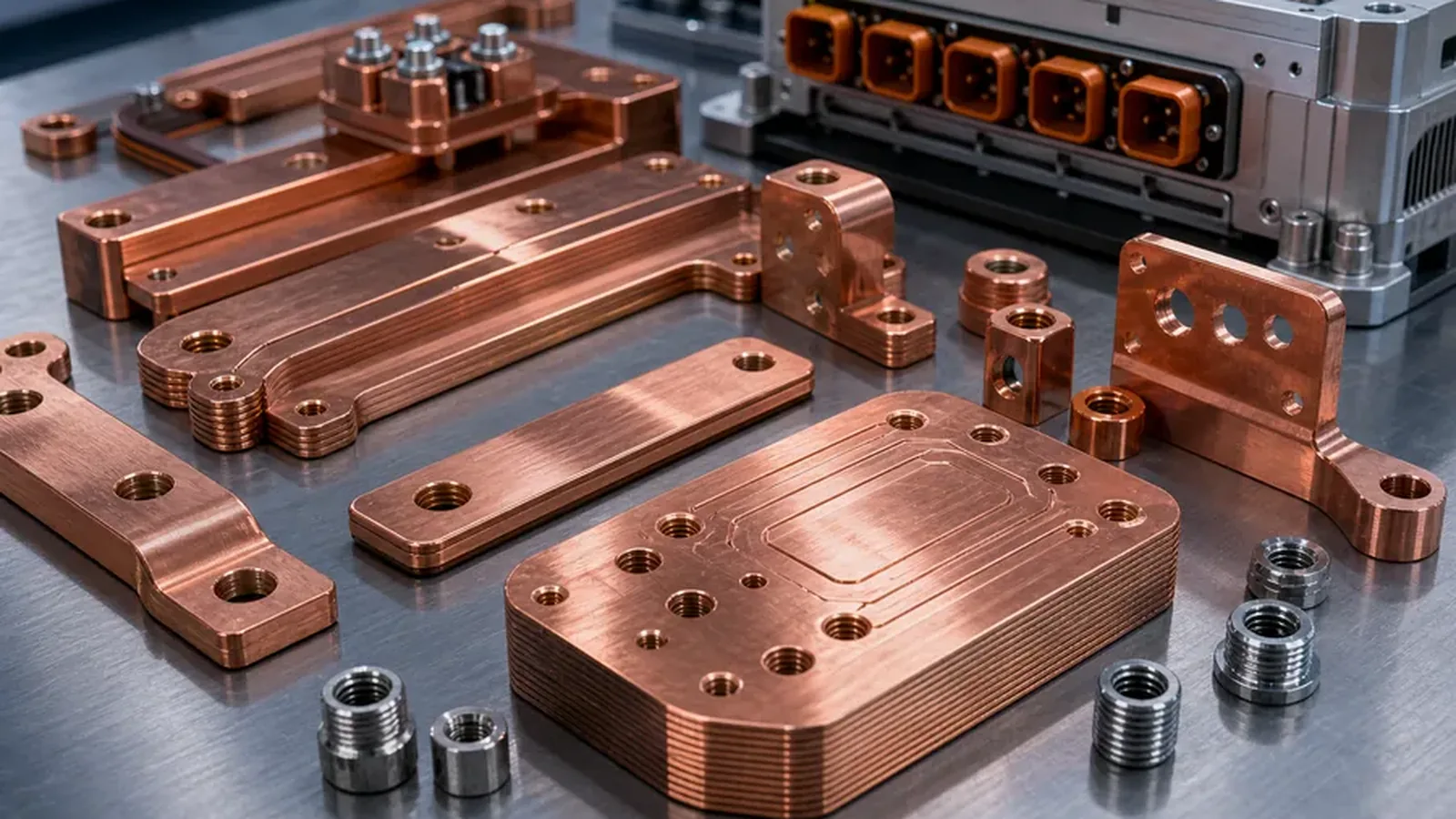 Copper and aluminum conductive support parts and machined interfaces for energy storage systems.