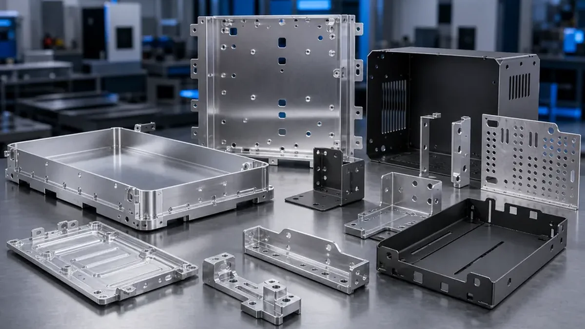 Close-up of machined mounting holes, threaded features and bracket surfaces for energy hardware.