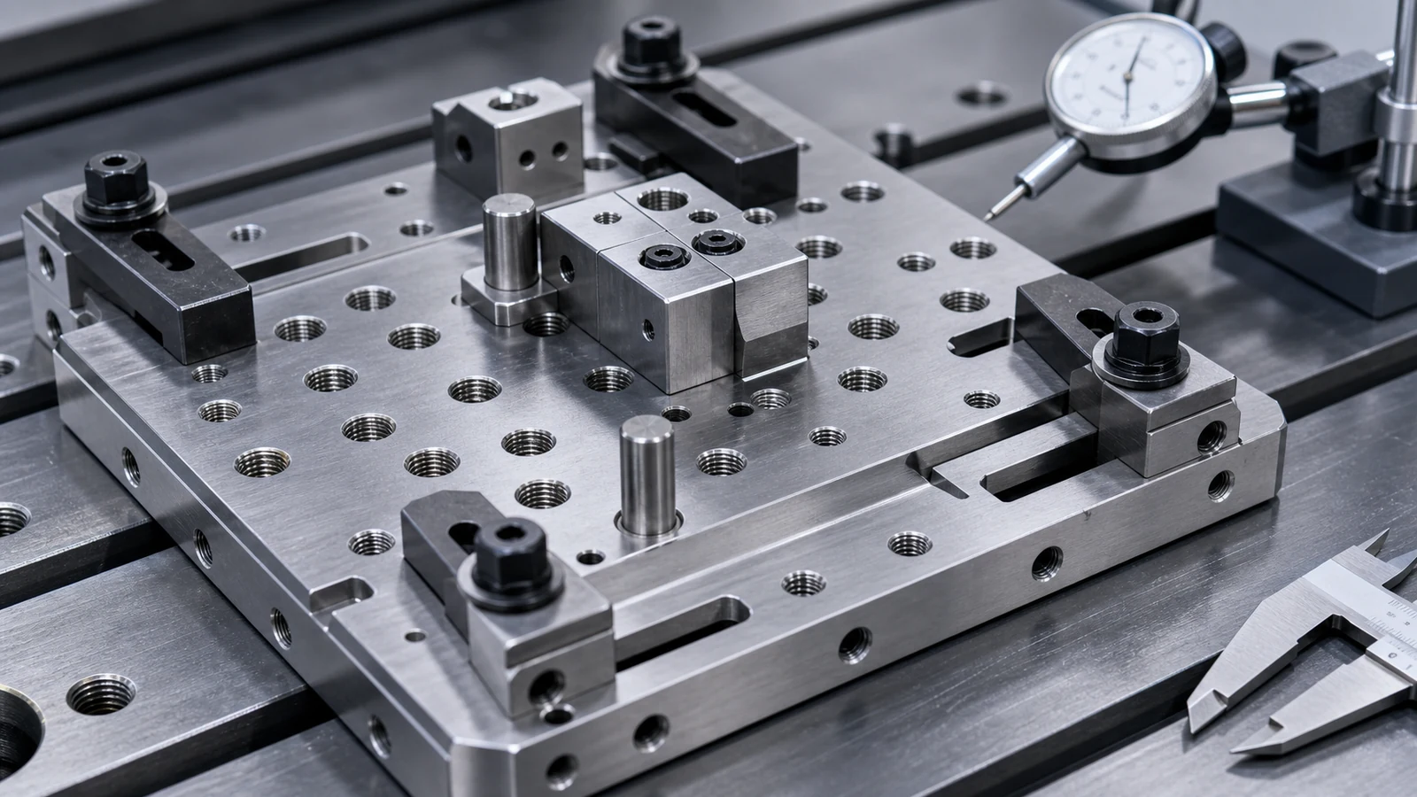 Close-up of a precision fixture plate with dowel pins, threaded holes, clamping slots and tooling blocks.