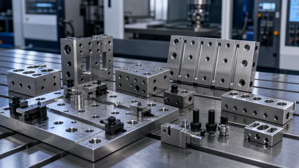 CNC machined fixture plates and tooling blocks with threaded hole grids, dowel holes and clamping hardware for industrial machinery.