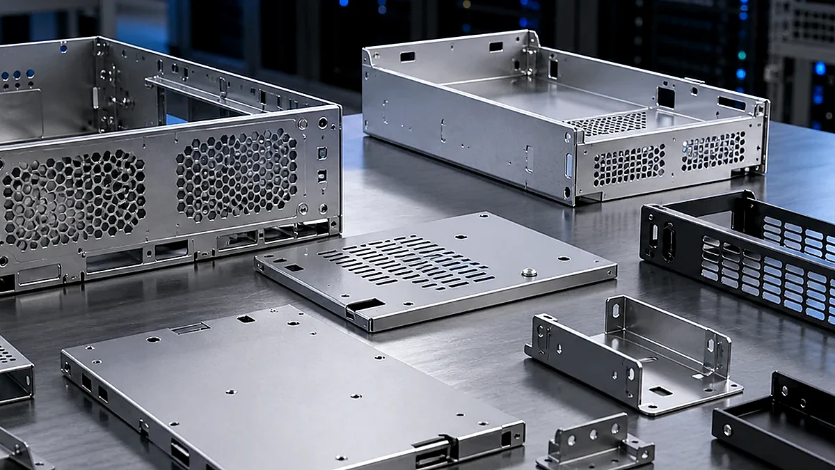 Close-up of airflow cutouts, bend features and mounting tabs in AI server sheet metal hardware.