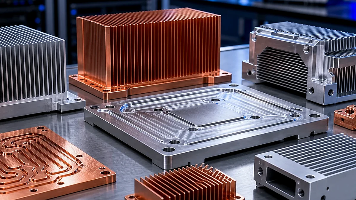 Close-up of heat sink fins, thermal plates and mounting hardware for data center computing.