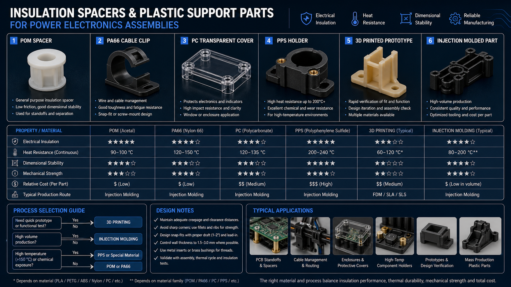 Engineering guide comparing POM spacers, PA66 clips, PC covers, PPS holders, 3D printed prototypes and injection molded plastic parts.