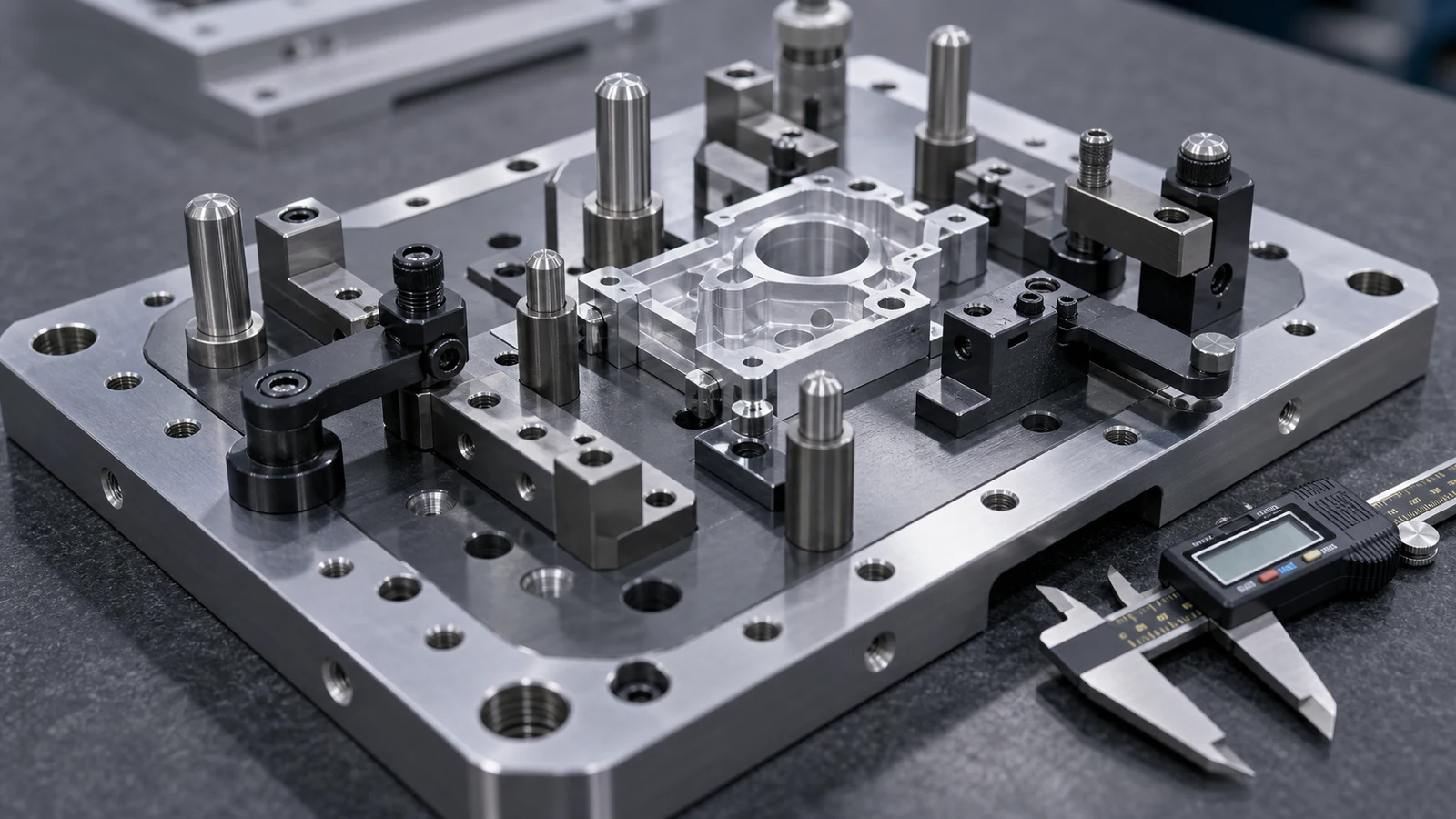 Close-up of locating pins, adjustable stops, clamp pads and datum surfaces on an industrial inspection jig.