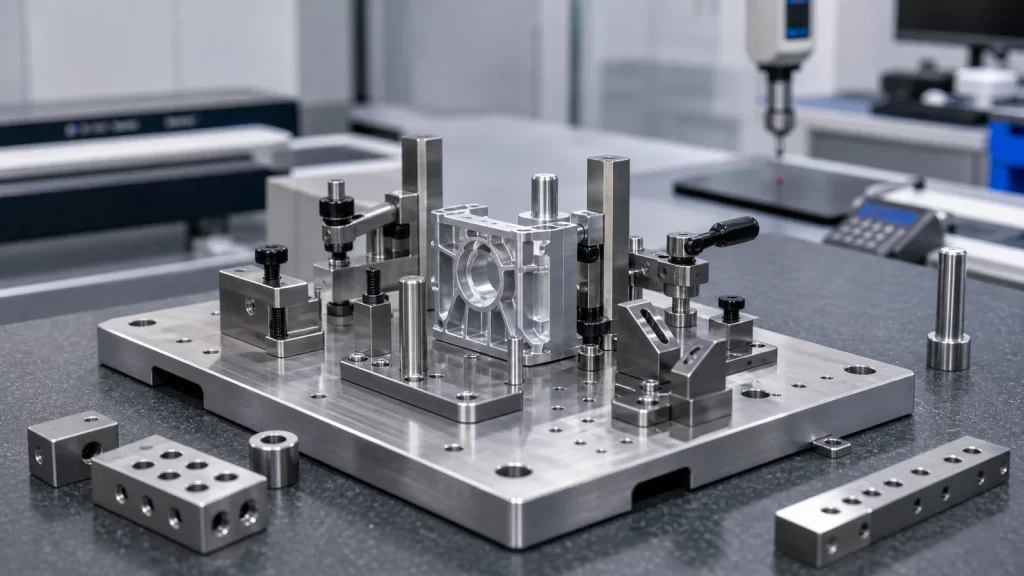 Assembly and inspection jig setup with locating pins, adjustable stops, clamping blocks and machined positioning parts.