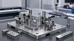 Assembly and inspection jig setup with locating pins, adjustable stops, clamping blocks and machined positioning parts.