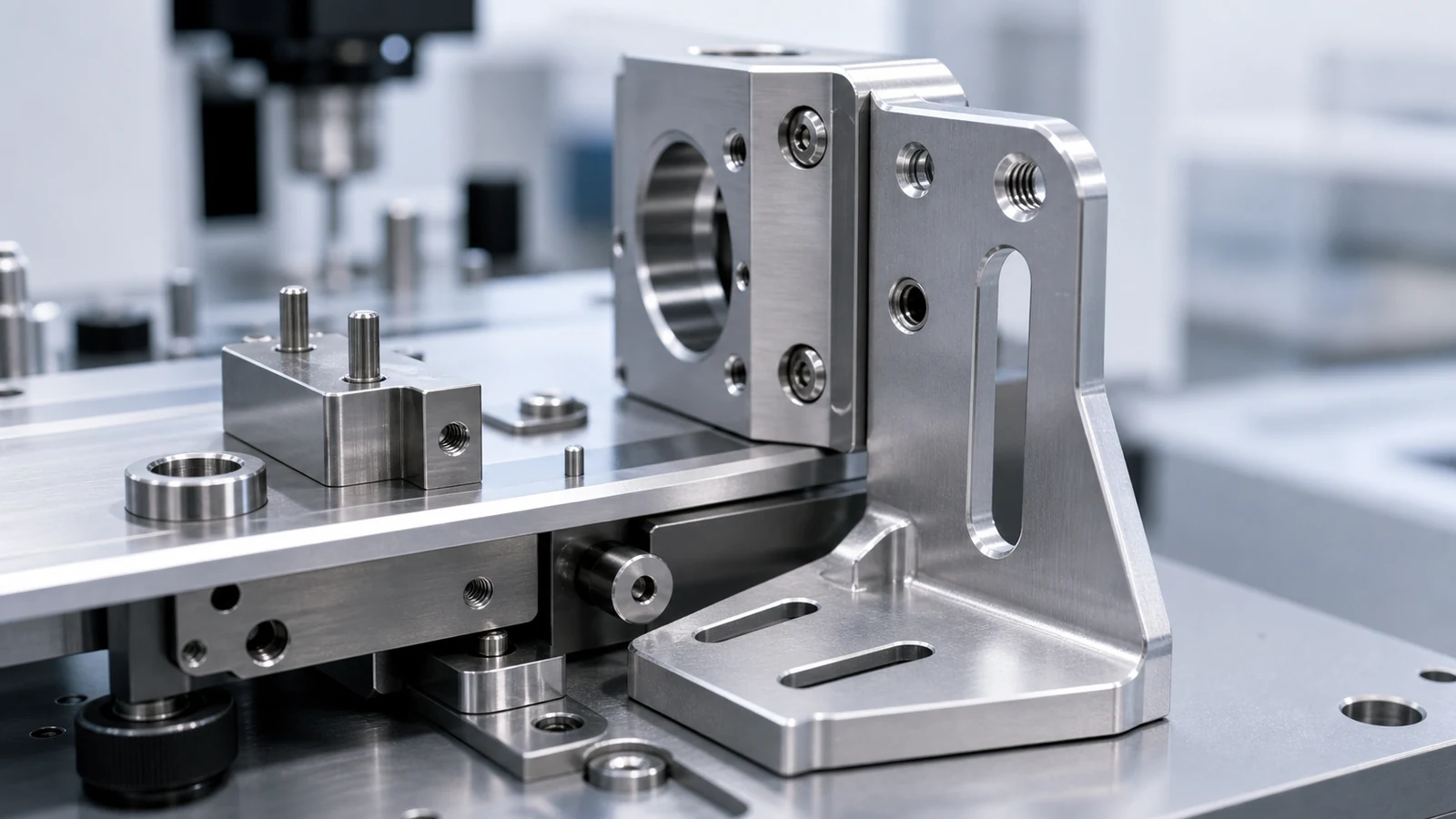Close-up of a laboratory equipment bracket with slotted adjustment holes, threaded mounting points and alignment features.