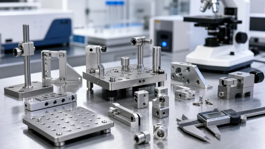 Precision CNC machined brackets, fixtures and adjustable mounts for laboratory equipment assemblies.