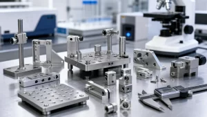 Precision CNC machined brackets, fixtures and adjustable mounts for laboratory equipment assemblies.