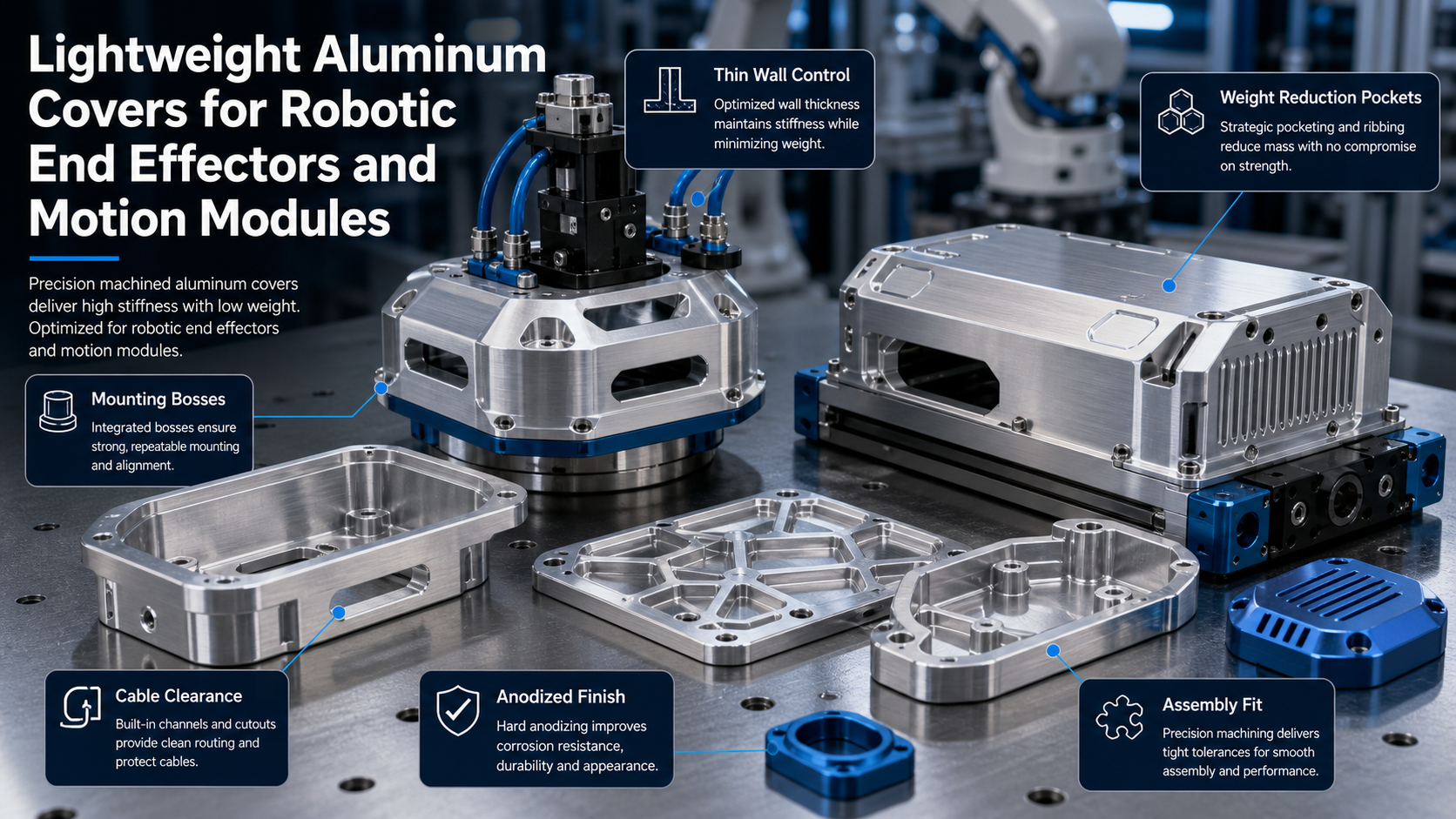 CNC machined lightweight aluminum covers for robotic end effectors and motion modules with DFM callouts.