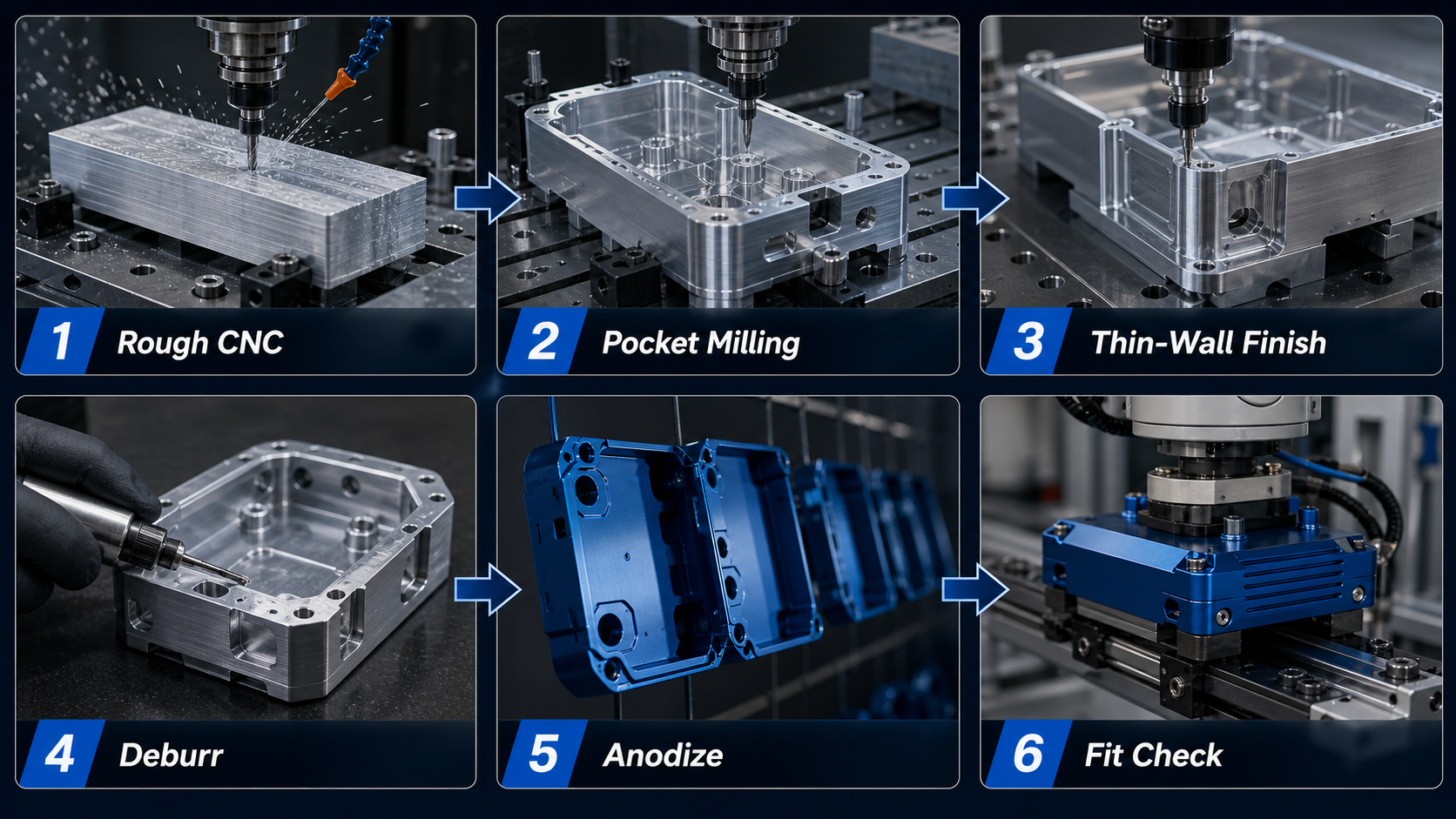 Workflow for lightweight aluminum robotic covers showing rough CNC machining, pocket milling, thin-wall finishing, deburring, anodizing and fit check.