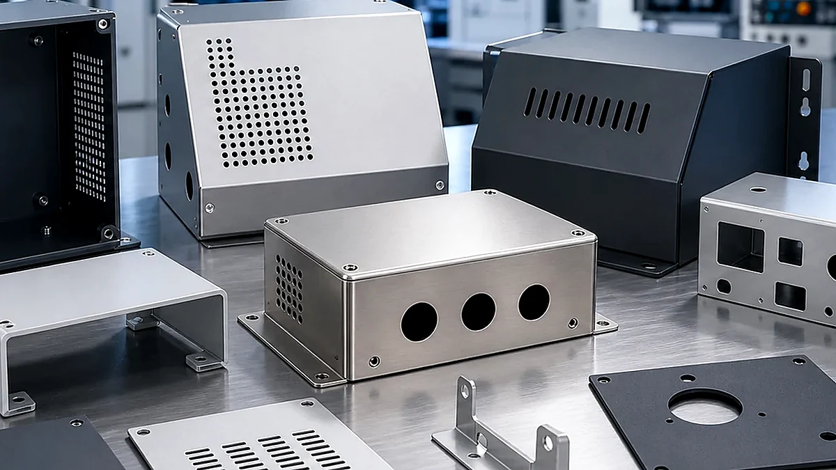 Close-up of formed cover tabs, mounting points and protective housing details for automation equipment.