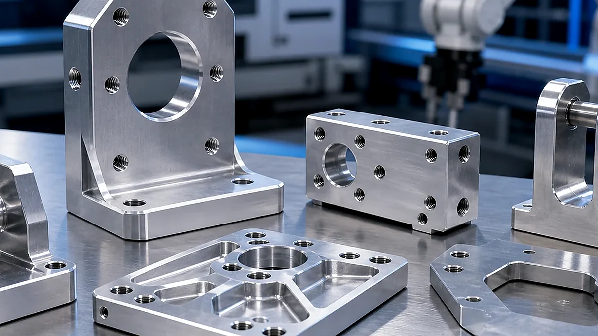 Close-up of machined holes and alignment features on automation mounting hardware.