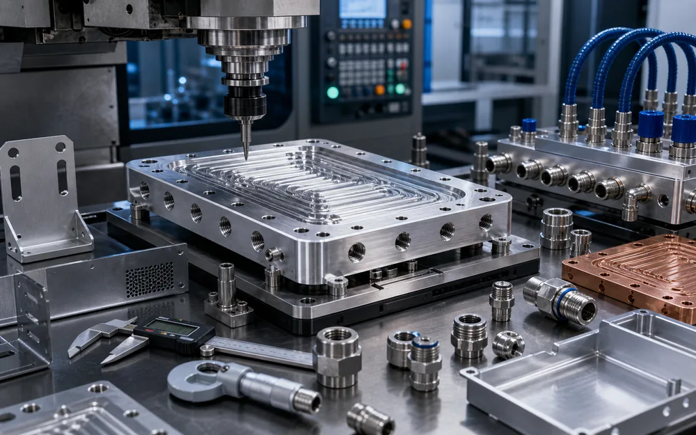 CNC machining and process support for liquid cooling cold plates, manifold blocks and fittings.