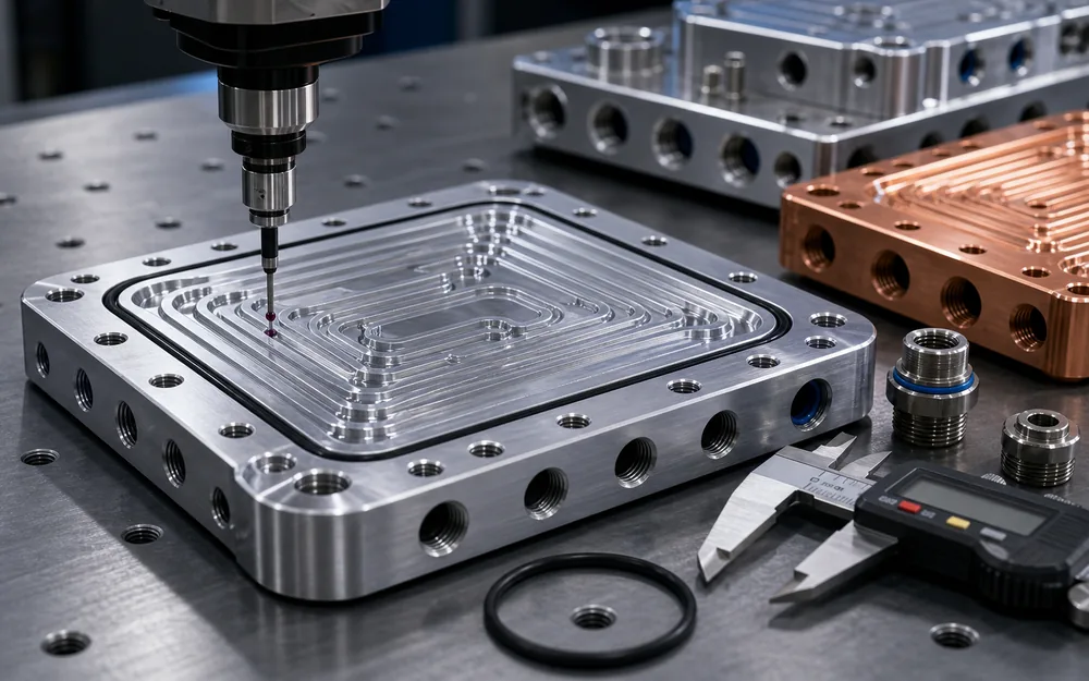 Inspection of liquid cooling cold plate sealing grooves, threaded ports and machined surfaces.