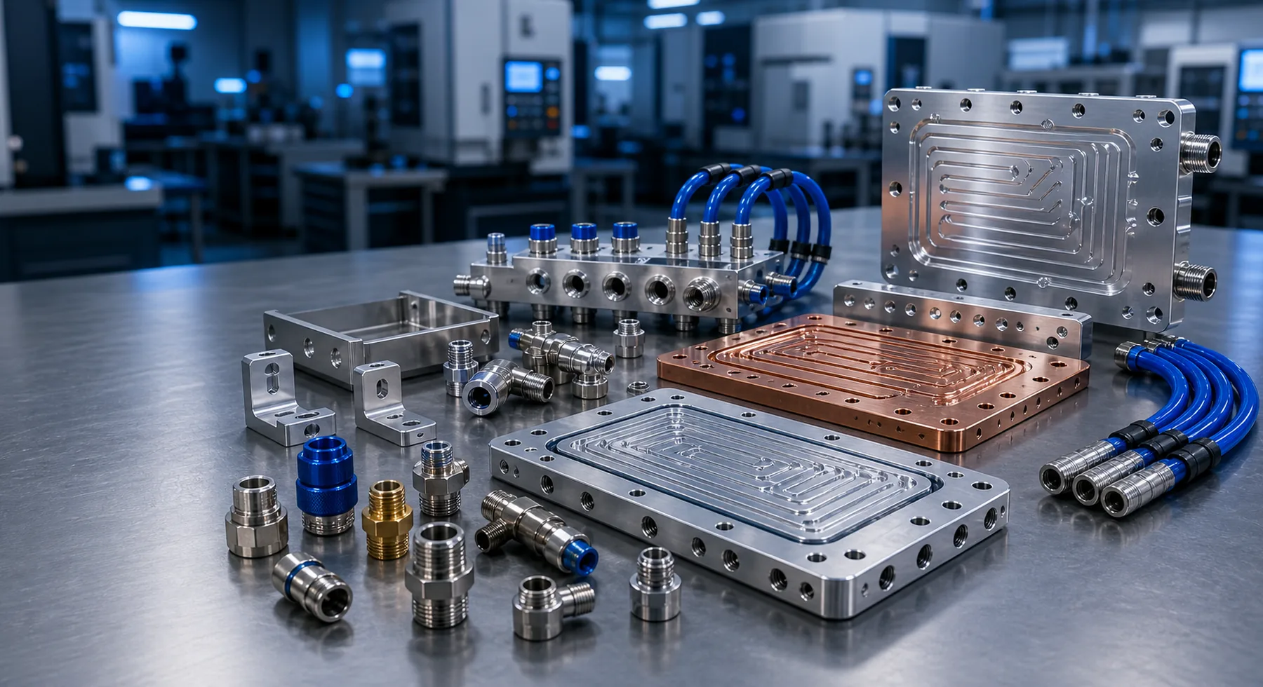 Premium liquid cooling component assembly with cold plates, manifold blocks, coolant fittings and blue coolant tubes.