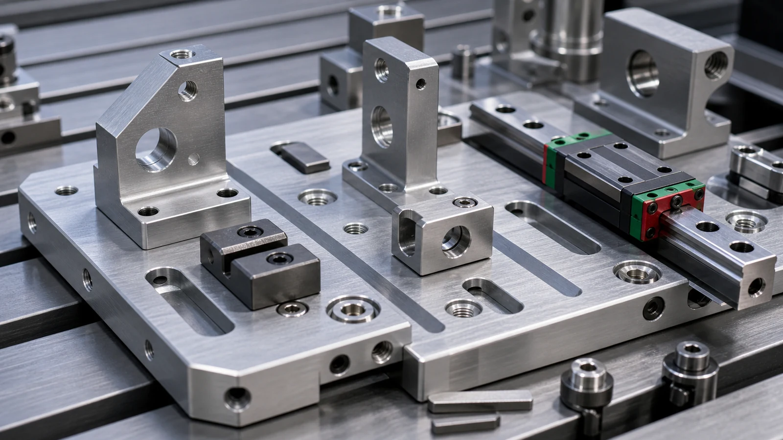 Close-up of a machined rail mounting plate with elongated slots, counterbored holes, alignment keys and linear guide hardware.